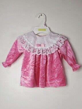 Vtg 80s Sweet Treats Pink Velour Velvet Ruffle Lace Trim Bib Collar Dress 18M